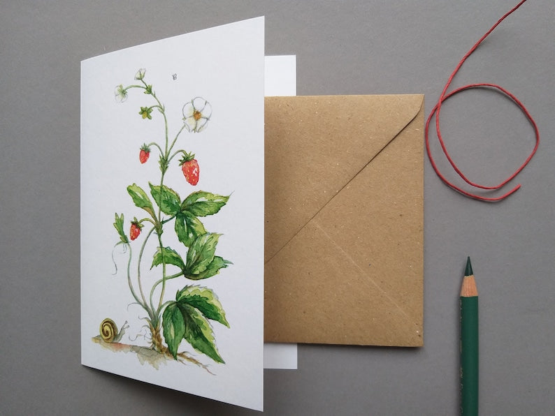 Grußkarte Walderdbeere mit Aquarell-Erdbeere, Klappkarte 10,5 x 14,8 cm, inkl. Umschlag