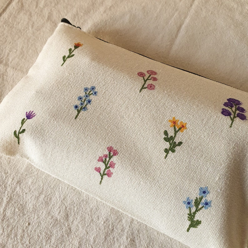 Handbemaltes Federmäppchen aus Stoff mit Wildblumenmuster, 21 x 13 cm, für Schule und Kosmetik