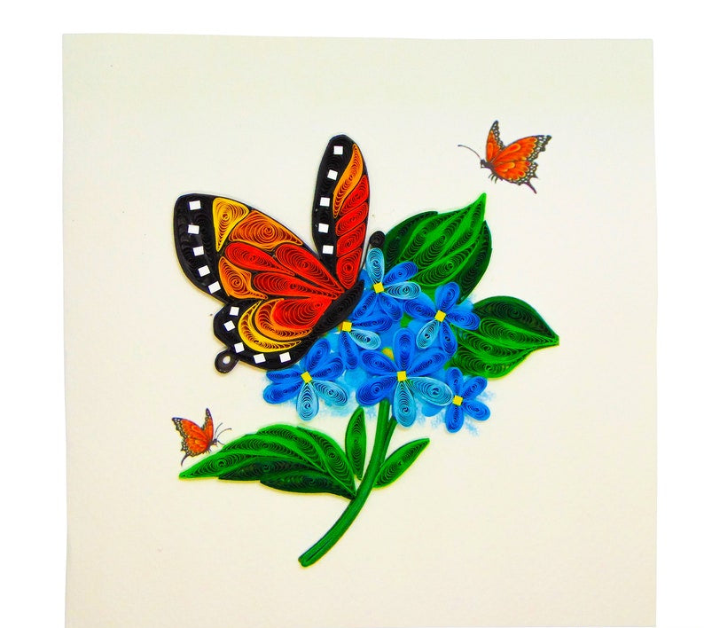 Quilling Grußkarte mit Schmetterling und Blumen, handgefertigte Blankokarte, 16 cm x 15 cm, mit Umschlag