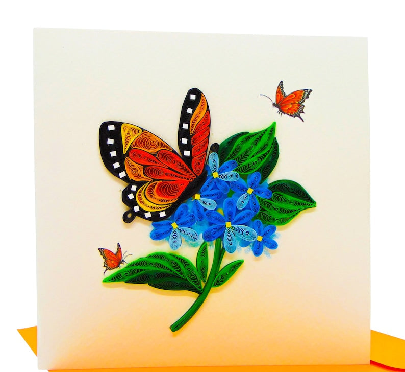Quilling Grußkarte mit Schmetterling und Blumen, handgefertigte Blankokarte, 16 cm x 15 cm, mit Umschlag