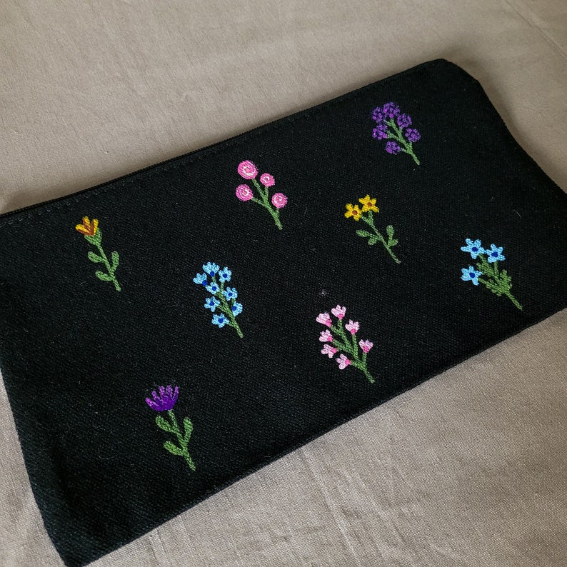 Handbemaltes Federmäppchen aus Stoff mit Wildblumenmuster, 21 x 13 cm, für Schule und Kosmetik