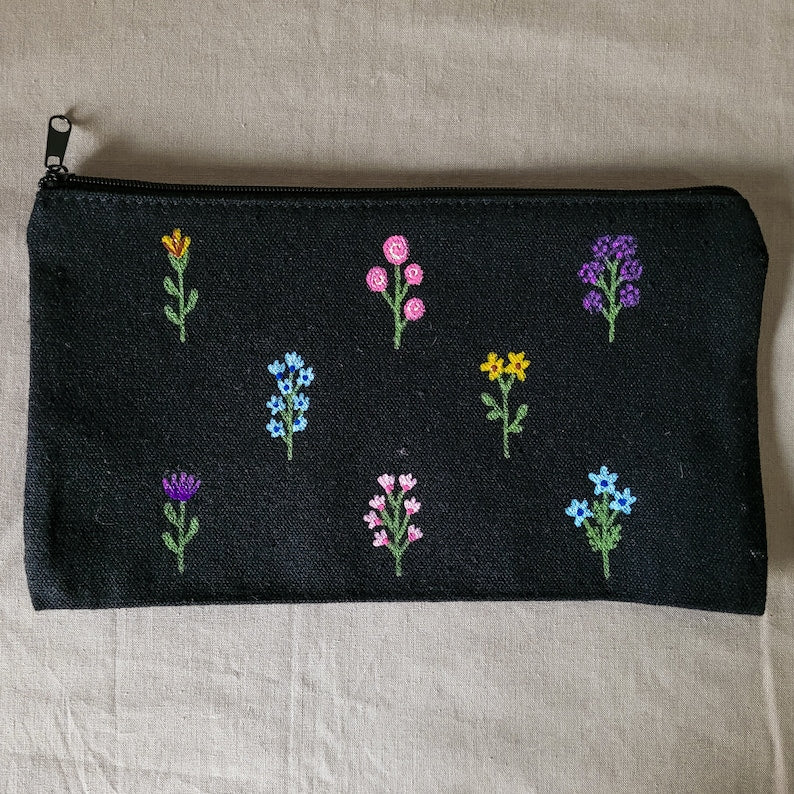 Handbemaltes Federmäppchen aus Stoff mit Wildblumenmuster, 21 x 13 cm, für Schule und Kosmetik