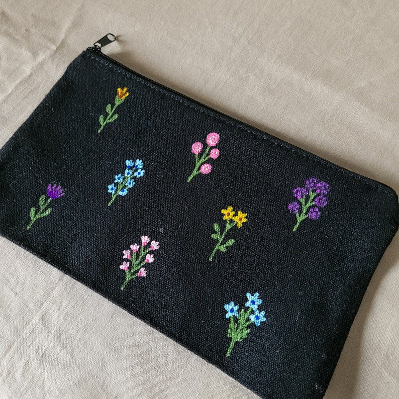 Handbemaltes Federmäppchen aus Stoff mit Wildblumenmuster, 21 x 13 cm, für Schule und Kosmetik