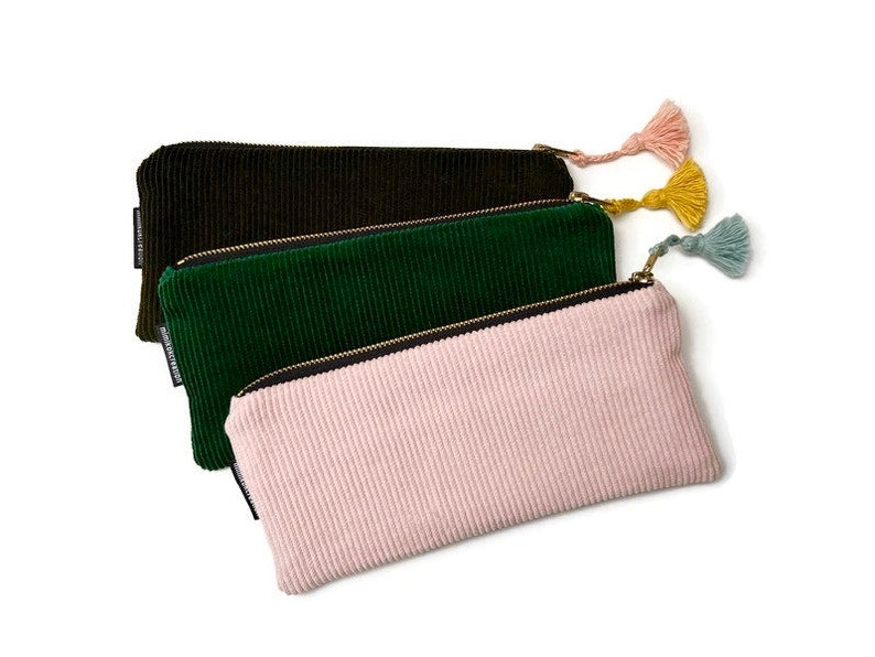 Kord Federmäppchen, Flaches Reißverschluss-Etui, Baumwolle, 22x10 cm, Goldener Metall-Reißverschluss