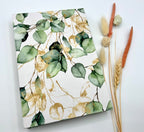 Notizbuch Skizzenbuch mit Stoffeinband Hardcover braunes Kraftpapier Eukalyptus Pflanzenmuster