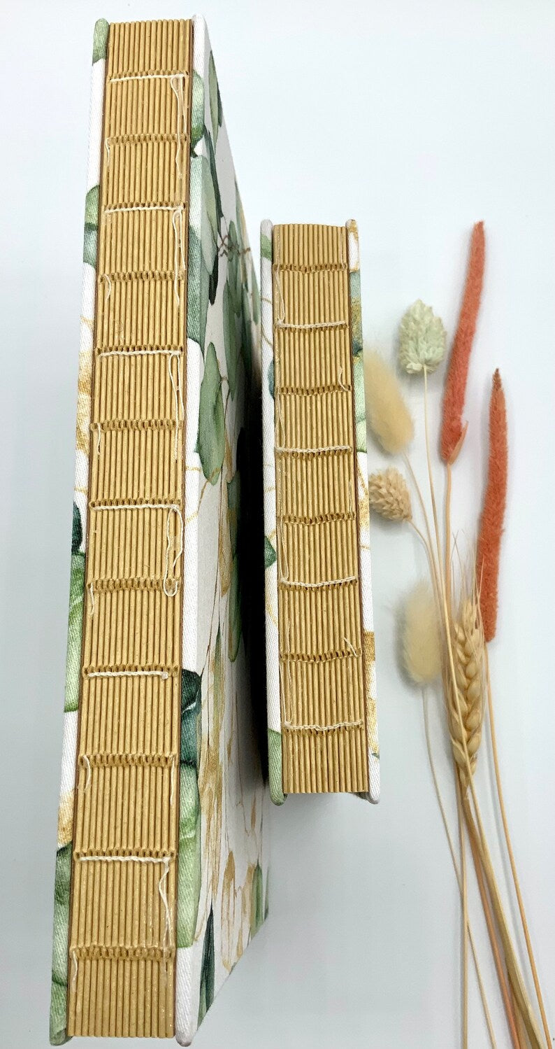 Notizbuch Skizzenbuch mit Stoffeinband Hardcover braunes Kraftpapier Eukalyptus Pflanzenmuster