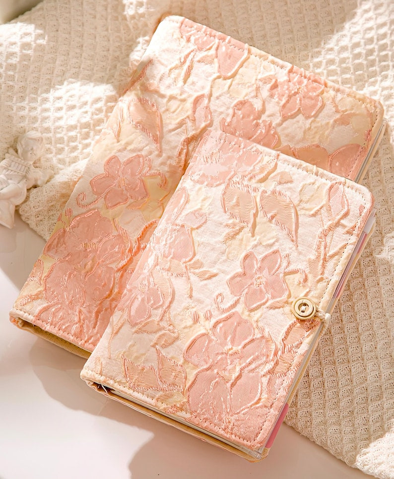 A6 A5 Losesblatt Notizbuch mit handbesticktem Rosen-Blumen-Stoffeinband, Hardcover, Binder Ringe, Cloth Cover Planner