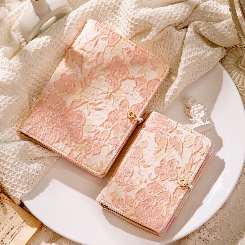 A6 A5 Losesblatt Notizbuch mit handbesticktem Rosen-Blumen-Stoffeinband, Hardcover, Binder Ringe, Cloth Cover Planner