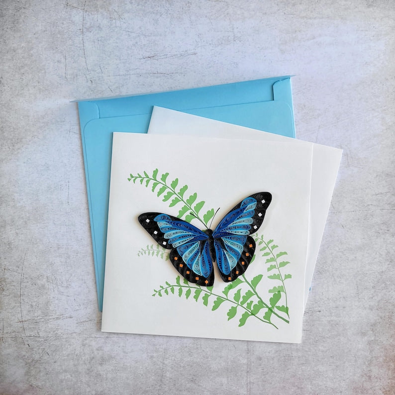 Quilling Grußkarte blauer Schmetterling 15x15 cm handgefertigt mit Umschlag und Einlegeblatt