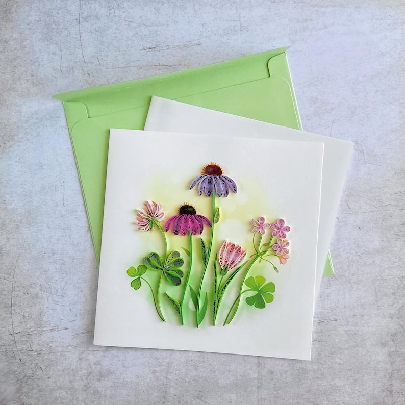 Quilling Grußkarte Wildblumen 15x15 cm handgefertigte 3D Papierkunst mit Umschlag