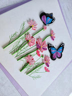Quilling Grußkarte mit Schmetterling und Blumen, 3D handgefertigt, 15 x 15 cm mit Umschlag