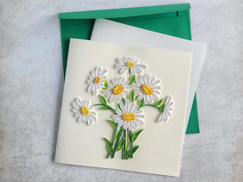 Quilling Grußkarte Margeriten 3D Papierblumen handgemacht 15x15 cm mit Umschlag für Geburtstag Frühling Muttertag