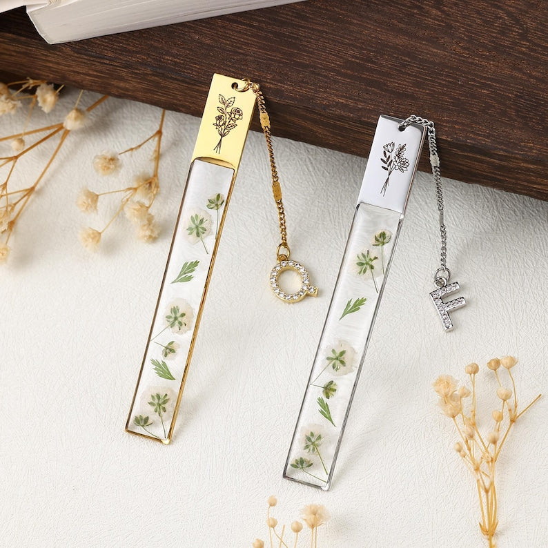 Botanisches Lesezeichen mit gepresster Blume, Harz Seitenmarkierung, Gold oder Silber, handgefertigt