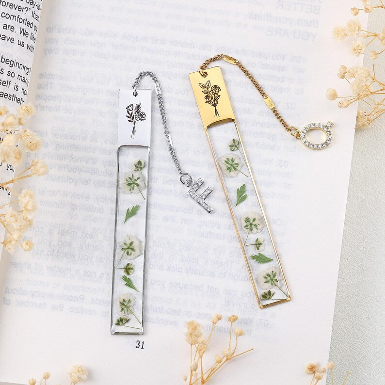 Botanisches Lesezeichen mit gepresster Blume, Harz Seitenmarkierung, Gold oder Silber, handgefertigt