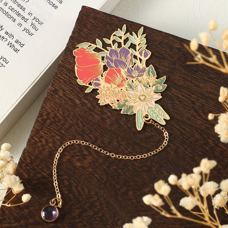 Geburtsstein Lesezeichen, Floral Metall Lesezeichen mit Geburtsstein Anhänger, Lesezeichen für Bücher,