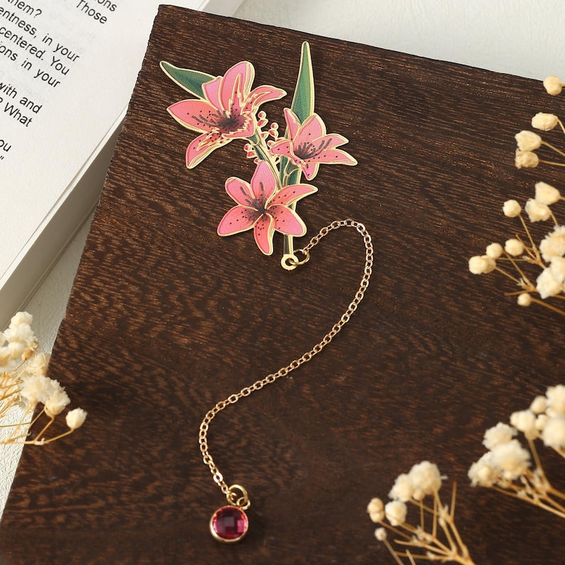 Geburtsstein Lesezeichen, Floral Metall Lesezeichen mit Geburtsstein Anhänger, Lesezeichen für Bücher,
