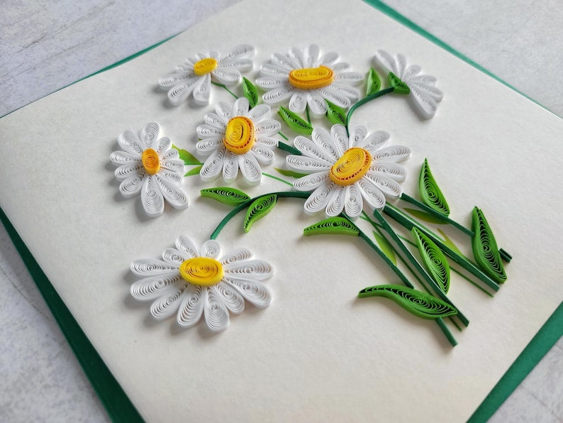 Quilling Grußkarte Margeriten 3D Papierblumen handgemacht 15x15 cm mit Umschlag für Geburtstag Frühling Muttertag