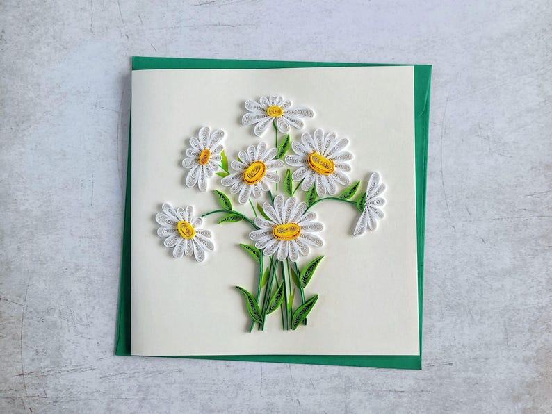 Quilling Grußkarte Margeriten 3D Papierblumen handgemacht 15x15 cm mit Umschlag für Geburtstag Frühling Muttertag
