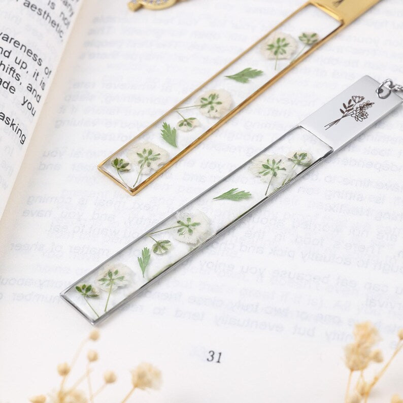 Botanisches Lesezeichen mit gepresster Blume, Harz Seitenmarkierung, Gold oder Silber, handgefertigt