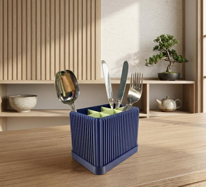 Moderner gerippter Schreibtisch-Organizer – 3D-gedruckter Stiftehalter mit 6 Fächern, Marineblau/Limettengrün, 12,8 x 14,7 x 10 cm
