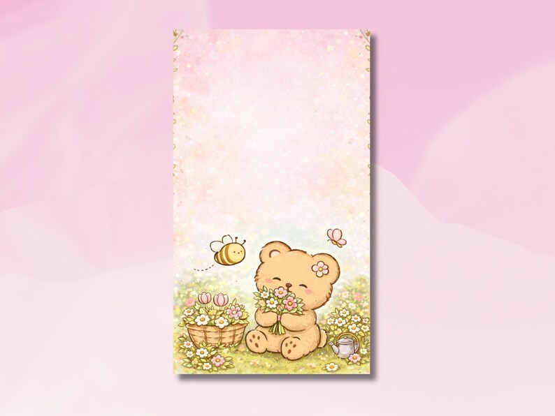Notizblock mit braunem Bären und Blumen, 8 x 14 cm, 30 Seiten, kawaii Bär Motiv