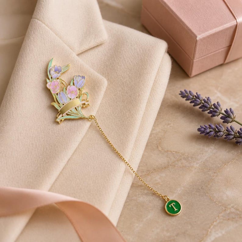 Florales Lesezeichen aus goldfarbenem Emaille mit Initialenanhänger – Lesezeichen für Bücherliebhaber