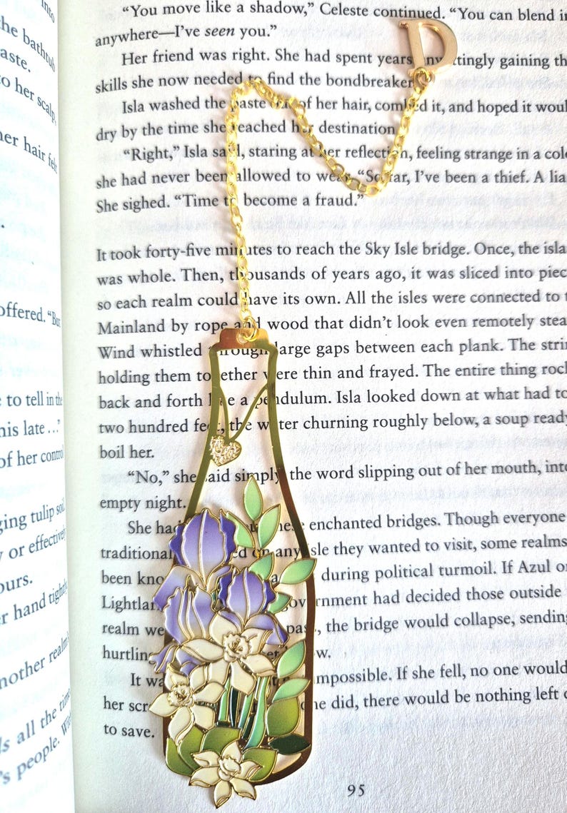 Lesezeichen aus Metall mit floralem Blumenvasen-Design und Initialen-Anhänger, wiederverwendbar für Bücher und Zeitschriften