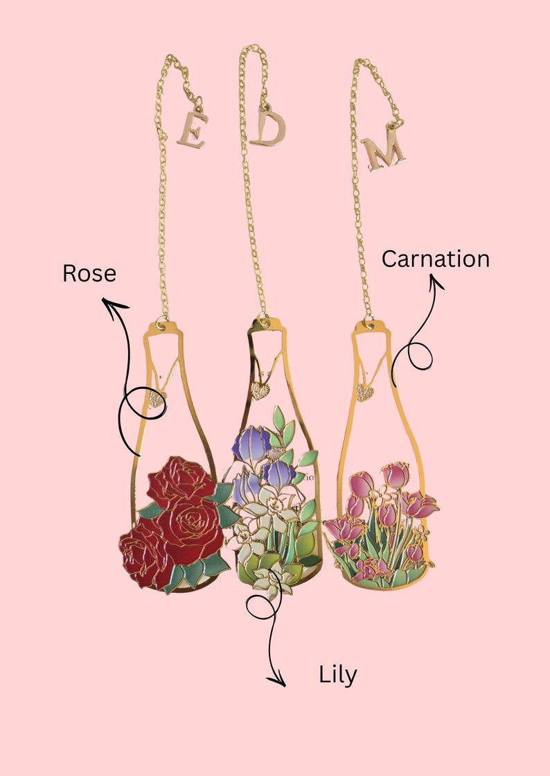 Lesezeichen aus Metall mit floralem Blumenvasen-Design und Initialen-Anhänger, wiederverwendbar für Bücher und Zeitschriften