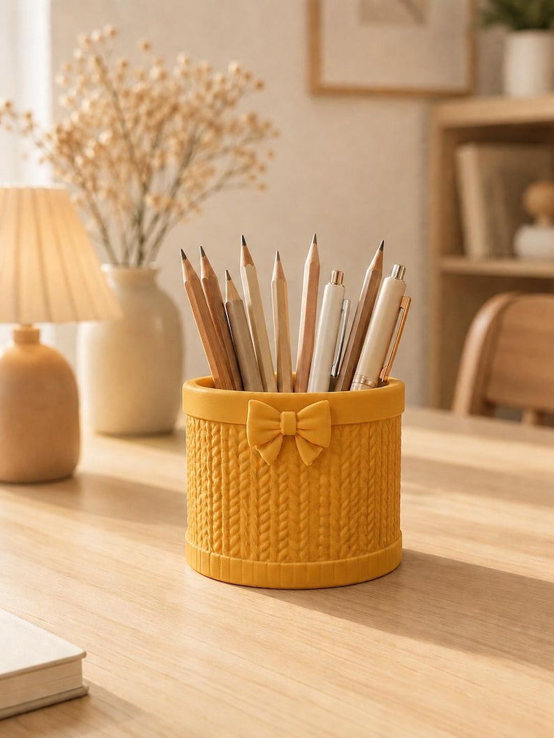 3D Gedruckt Schleife Stiftehalter mit Stricktextur, Bleistiftbecher, Schreibtisch Organizer, Büro Dekor, Geschenk für Lehrer