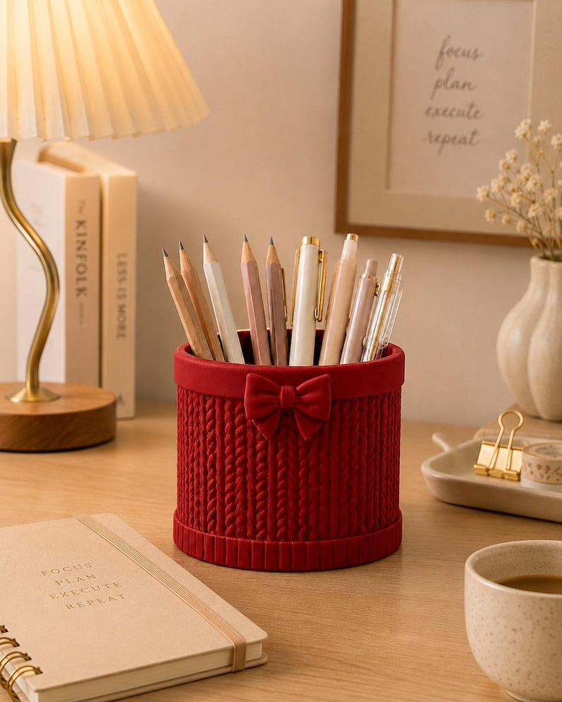 3D Gedruckt Schleife Stiftehalter mit Stricktextur, Bleistiftbecher, Schreibtisch Organizer, Büro Dekor, Geschenk für Lehrer