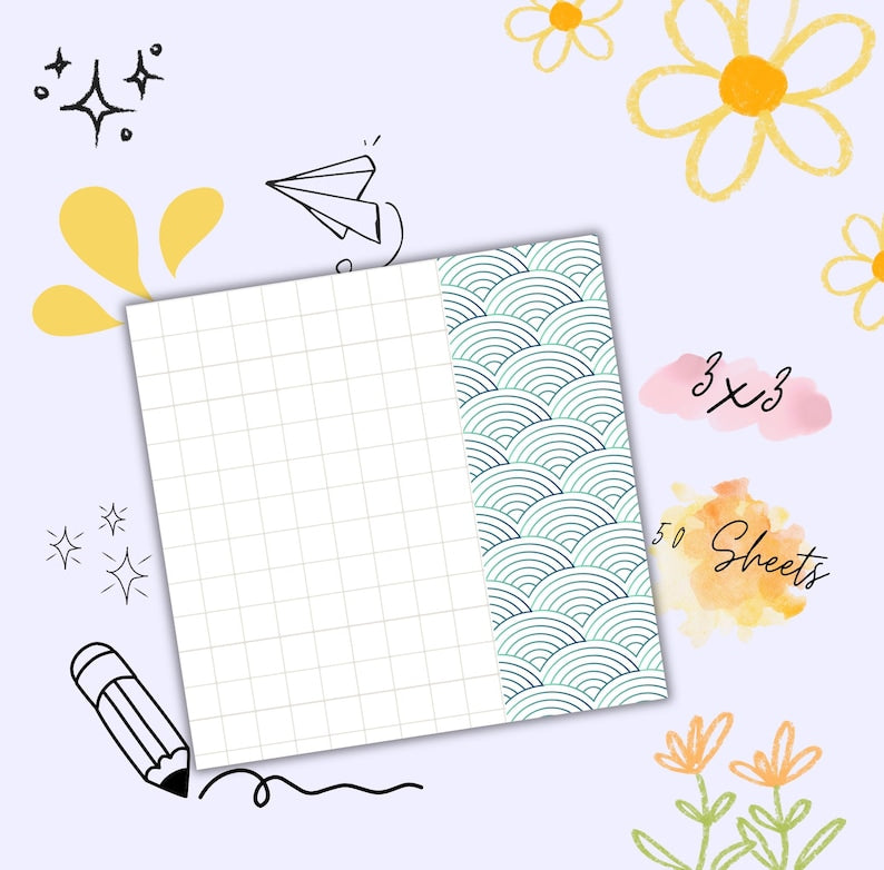 Post-it Notizblock Seigaiha Wellenmuster mit Gitterlinien, 3 x 3 cm, 50 Blatt, Blau