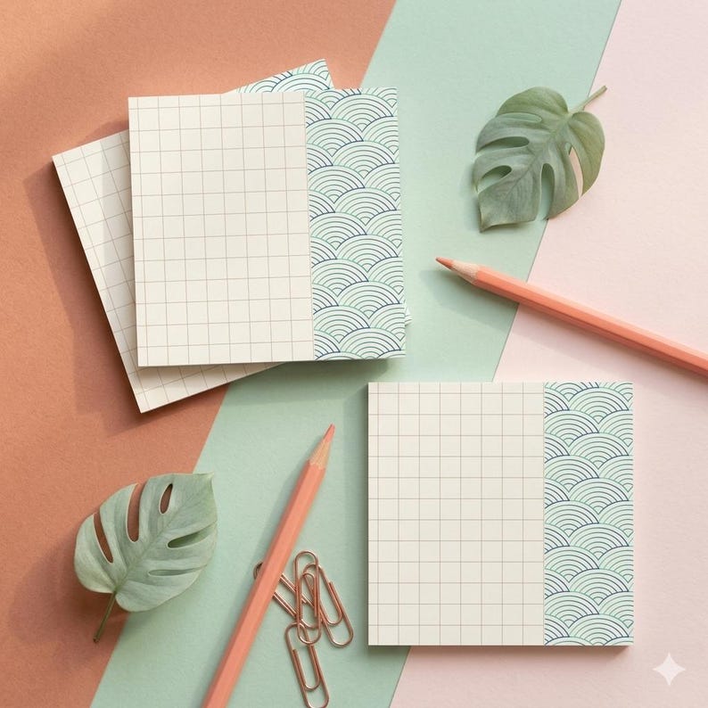 Post-it Notizblock Seigaiha Wellenmuster mit Gitterlinien, 3 x 3 cm, 50 Blatt, Blau