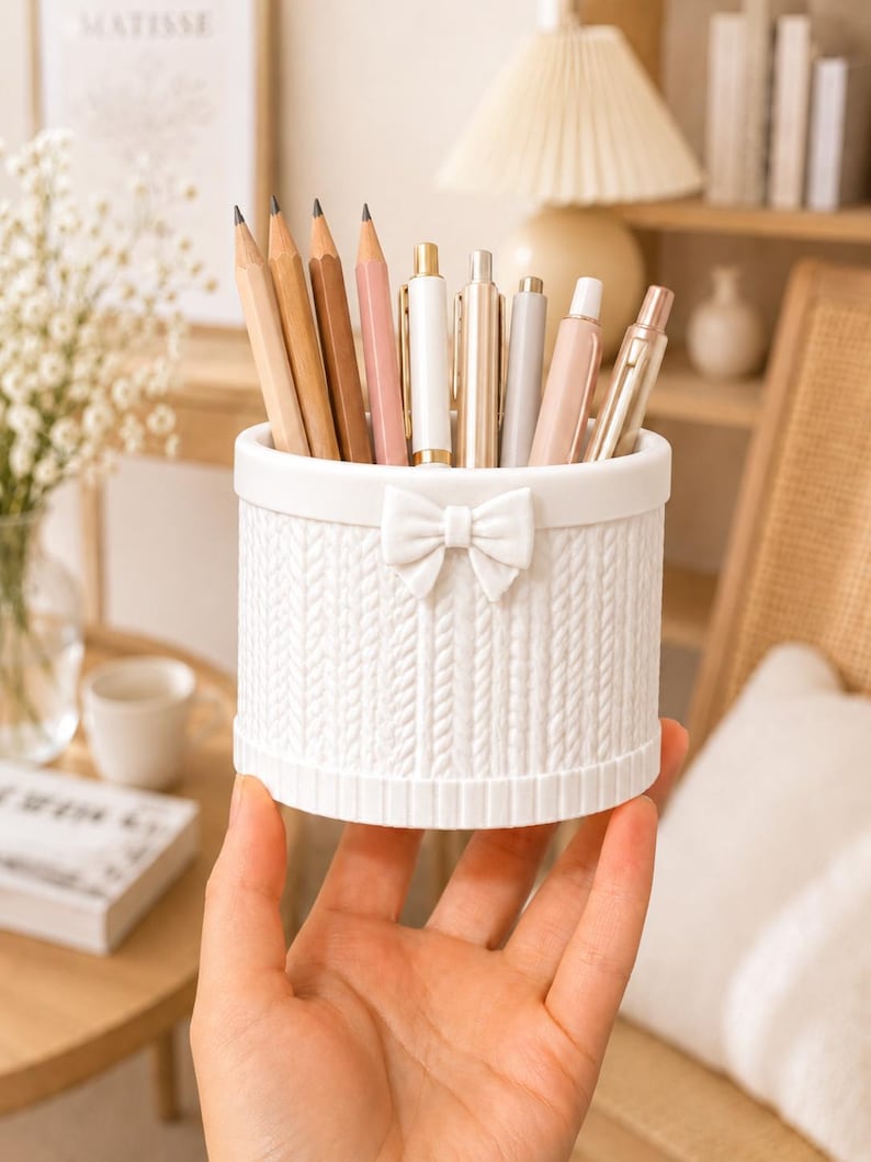 3D Gedruckt Schleife Stiftehalter mit Stricktextur, Bleistiftbecher, Schreibtisch Organizer, Büro Dekor, Geschenk für Lehrer