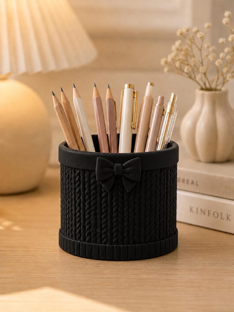 3D Gedruckt Schleife Stiftehalter mit Stricktextur, Bleistiftbecher, Schreibtisch Organizer, Büro Dekor, Geschenk für Lehrer