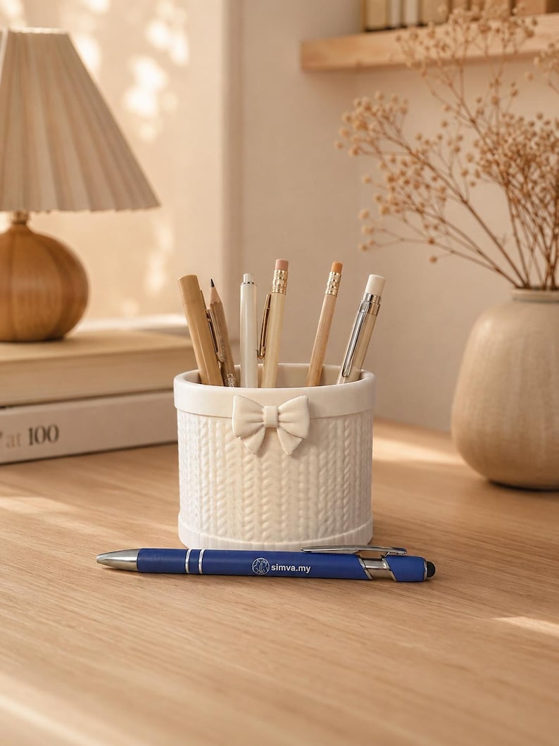 3D Gedruckt Schleife Stiftehalter mit Stricktextur, Bleistiftbecher, Schreibtisch Organizer, Büro Dekor, Geschenk für Lehrer