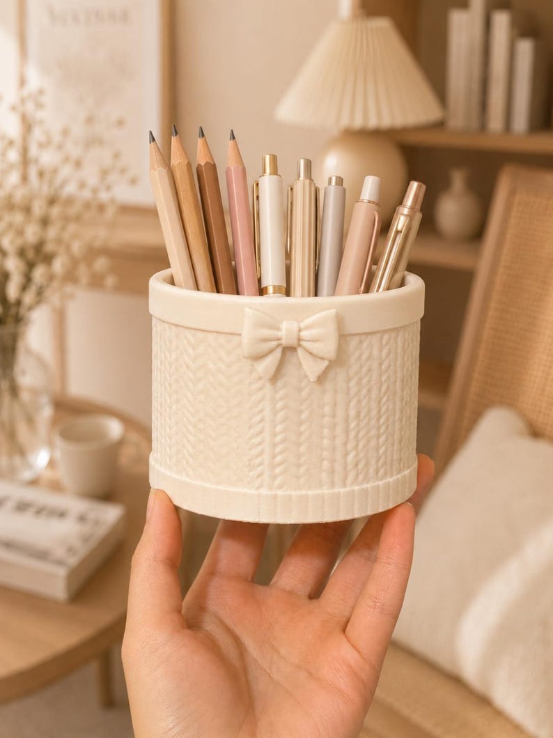 3D Gedruckt Schleife Stiftehalter mit Stricktextur, Bleistiftbecher, Schreibtisch Organizer, Büro Dekor, Geschenk für Lehrer
