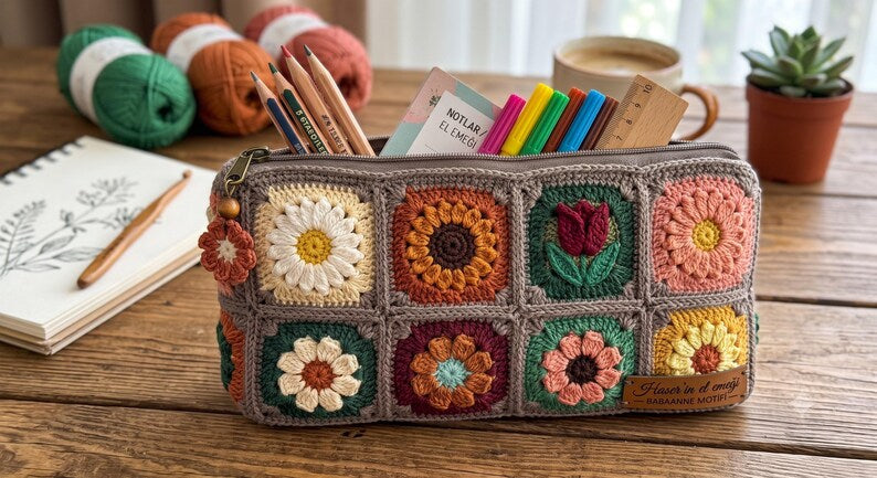 Gehäkeltes Federmäppchen mit Blumenmuster, quadratisches Etui, Baumwollgarn