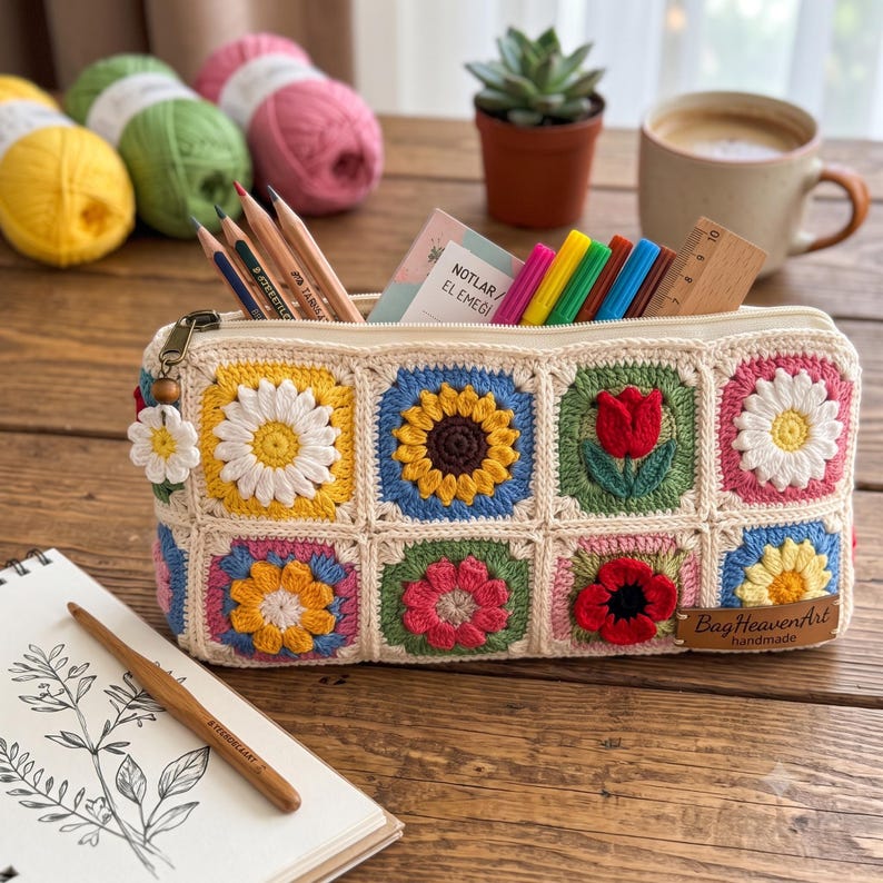 Gehäkeltes Federmäppchen mit Blumenmuster, quadratisches Etui, Baumwollgarn