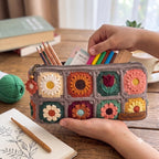 Gehäkeltes Federmäppchen mit Blumenmuster, quadratisches Etui, Baumwollgarn