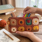 Gehäkeltes Federmäppchen mit Blumenmuster, quadratisches Etui, Baumwollgarn