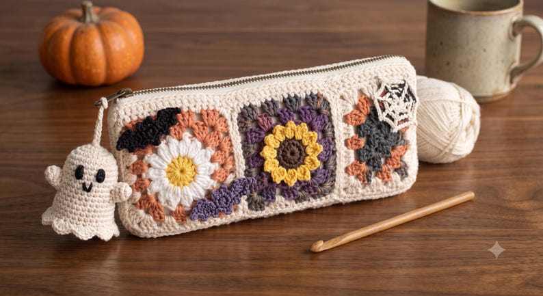 Gehäkeltes Federmäppchen mit Blumenmuster, quadratisches Federmäppchen aus Baumwollgarn