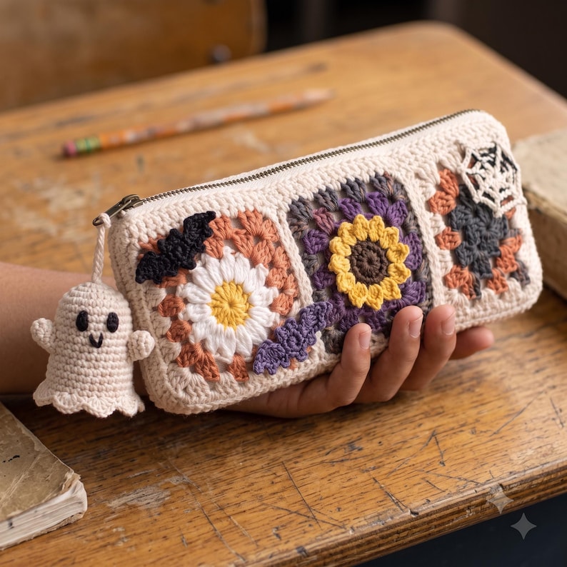 Gehäkeltes Federmäppchen mit Blumenmuster, quadratisches Federmäppchen aus Baumwollgarn