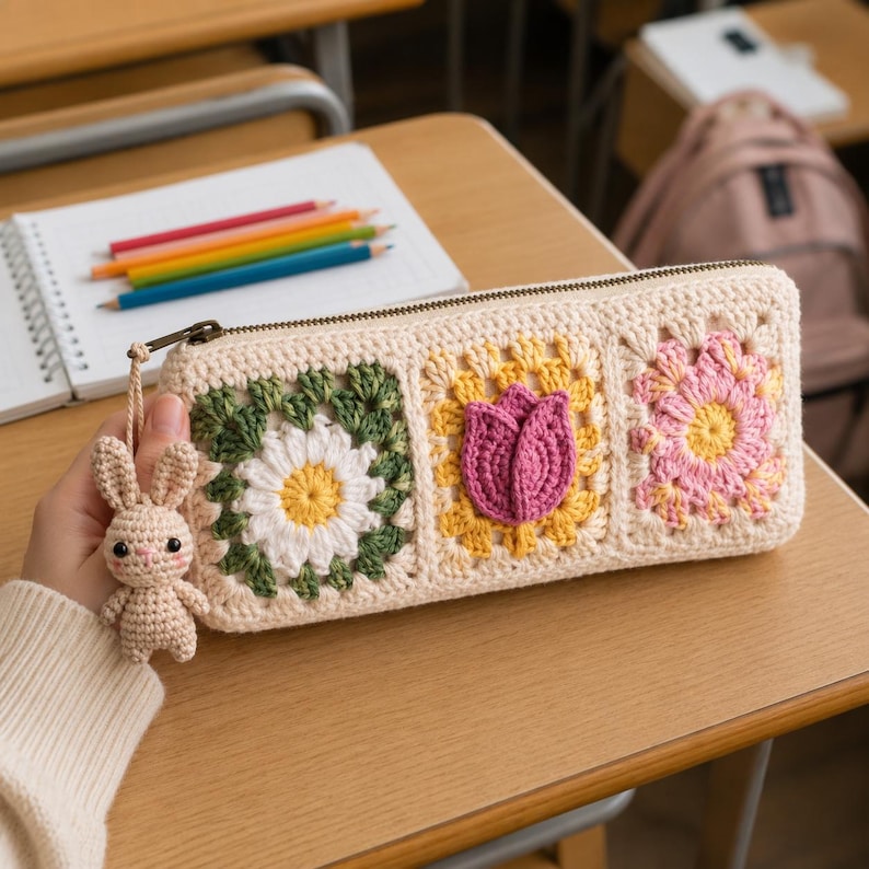Gehäkeltes Federmäppchen mit Blumenmuster, quadratisches Federmäppchen aus Baumwollgarn