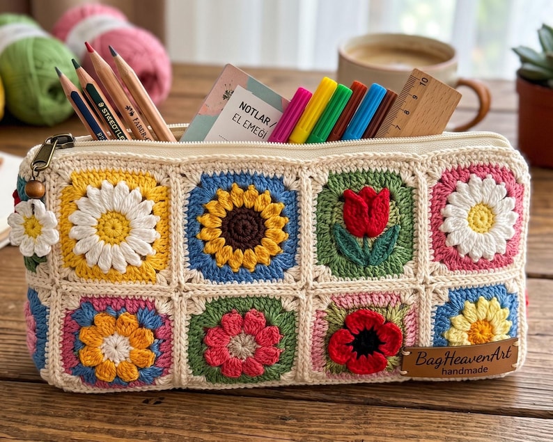 Gehäkeltes Federmäppchen mit Blumenmuster, quadratisches Etui, Baumwollgarn