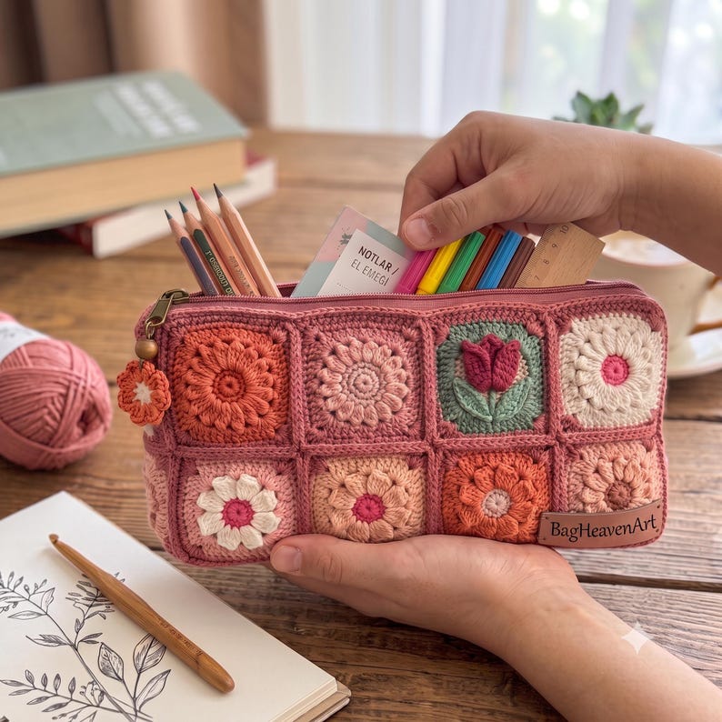 Gehäkeltes Federmäppchen mit Blumenmuster, quadratisches Etui, Baumwollgarn
