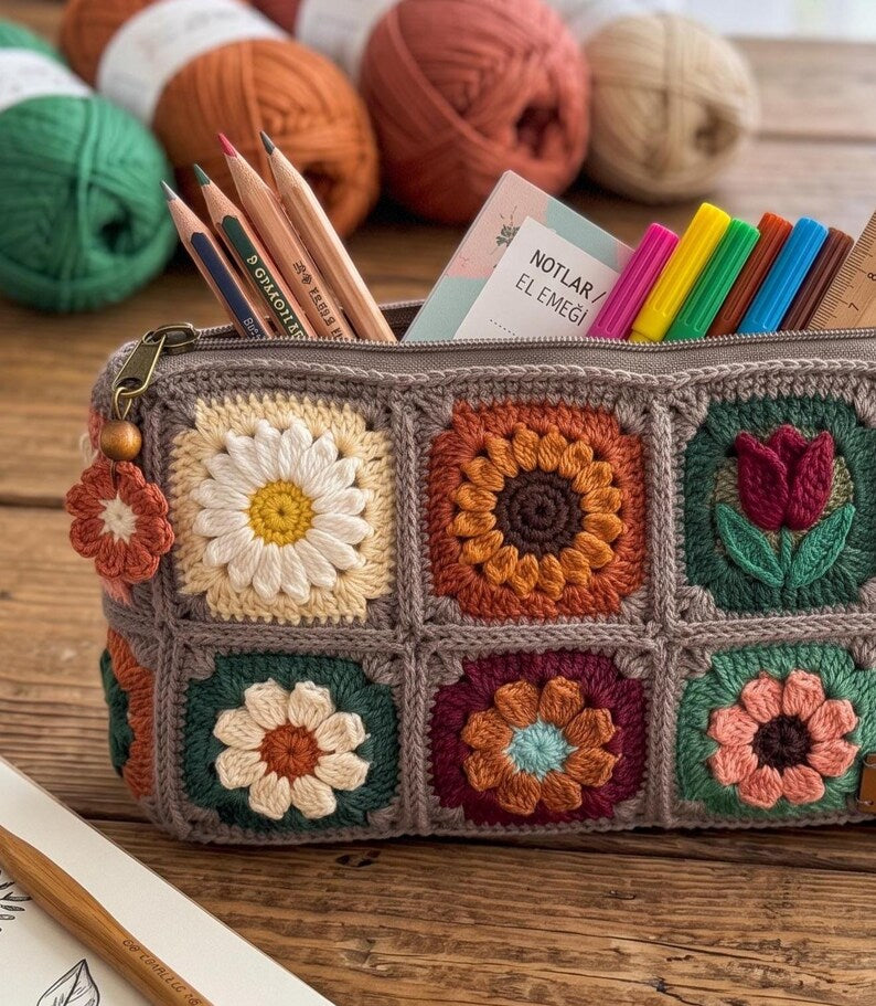 Gehäkeltes Federmäppchen mit Blumenmuster, quadratisches Etui, Baumwollgarn
