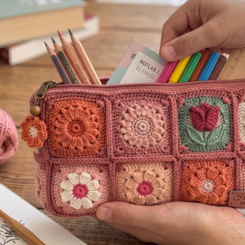 Gehäkeltes Federmäppchen mit Blumenmuster, quadratisches Etui, Baumwollgarn