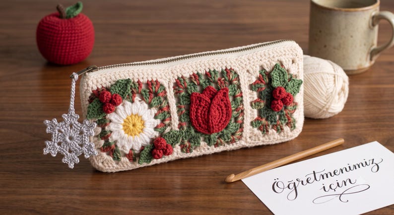Gehäkeltes Federmäppchen mit Blumenmuster, quadratisches Federmäppchen aus Baumwollgarn