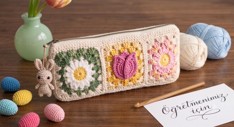 Gehäkeltes Federmäppchen mit Blumenmuster, quadratisches Federmäppchen aus Baumwollgarn