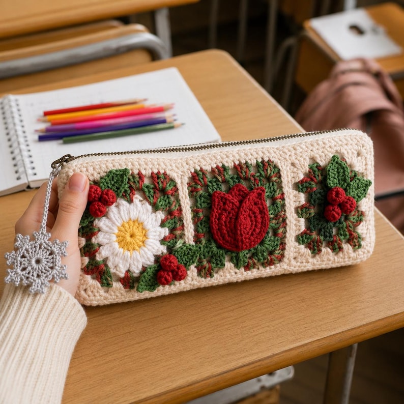 Gehäkeltes Federmäppchen mit Blumenmuster, quadratisches Federmäppchen aus Baumwollgarn